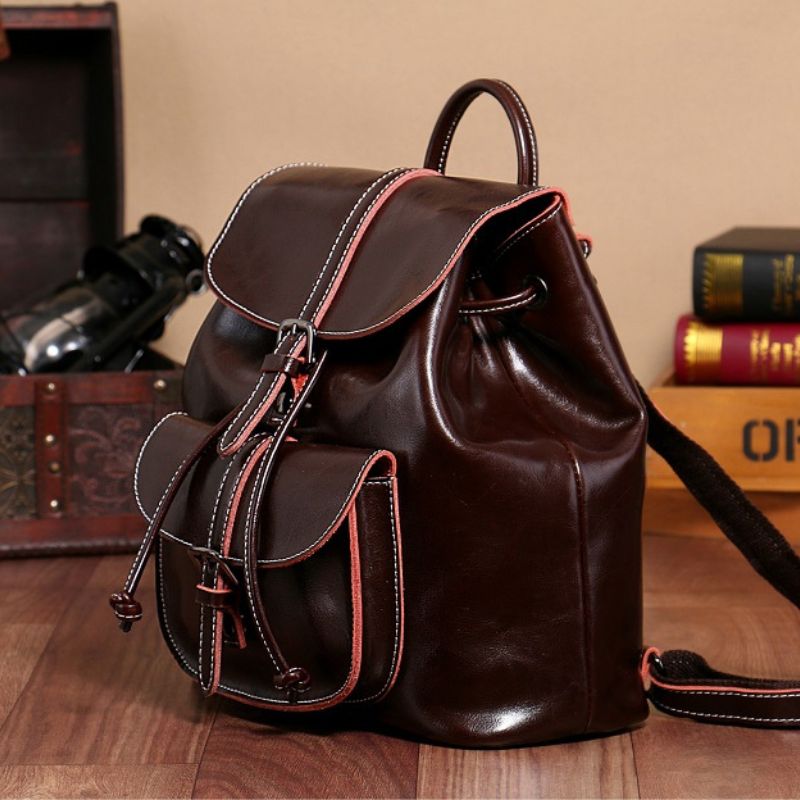 Genuine Waxed Leather Drawstring Backpack for Women