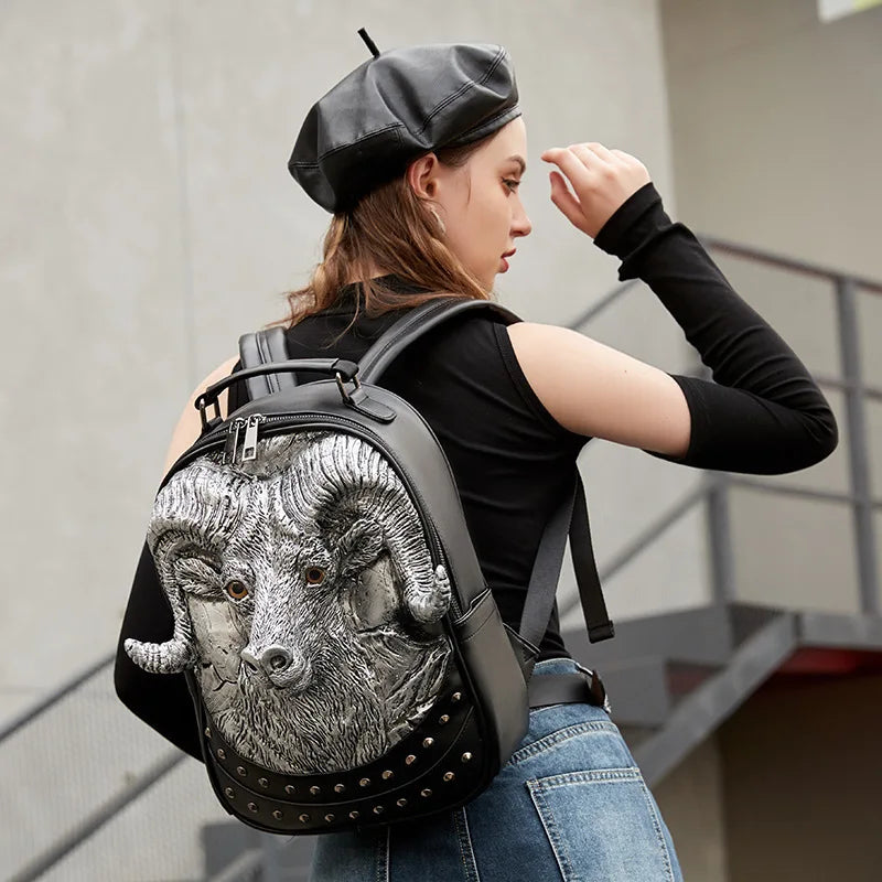 3D Goat Backpack | PU Leather Unisex Travel & School Bag