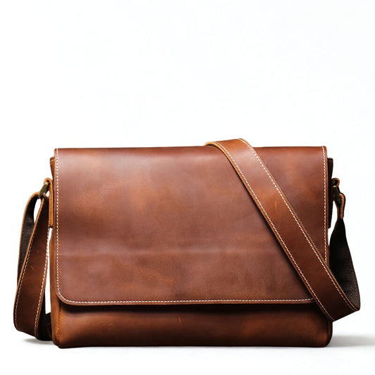 Crazy Horse Leather Messenger Bag - Men's Vintage Flap Crossbody Bags