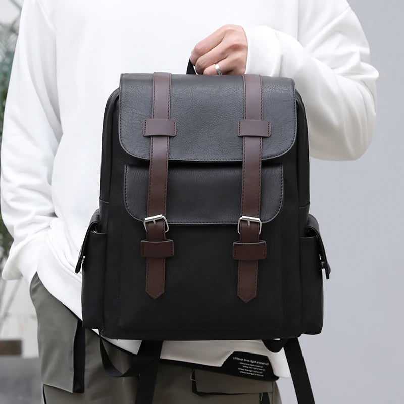 Stylish Men’s PU Leather Laptop Backpack – Large Capacity School & Travel Bag
