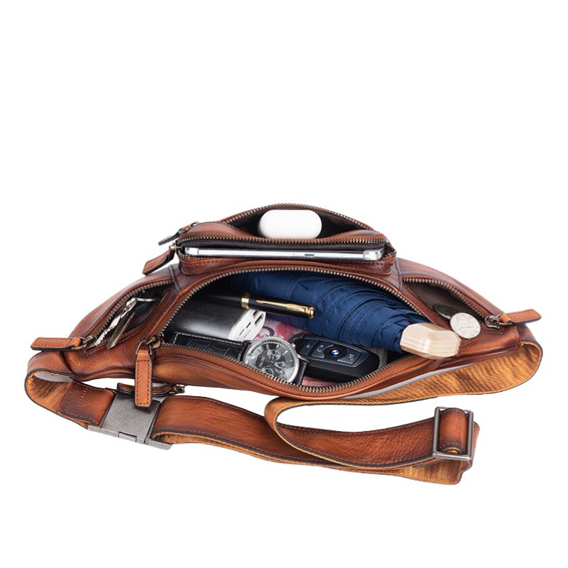 Vintage Cowhide Leather Chest & Waist Bag – Vegetable Tanned, Dual-Purpose Casual Style