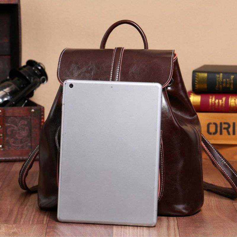 Genuine Waxed Leather Drawstring Backpack for Women