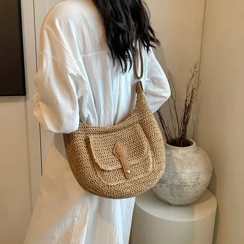 Straw Crossbody Bag Stylish Retro Vacation Look - Scraften