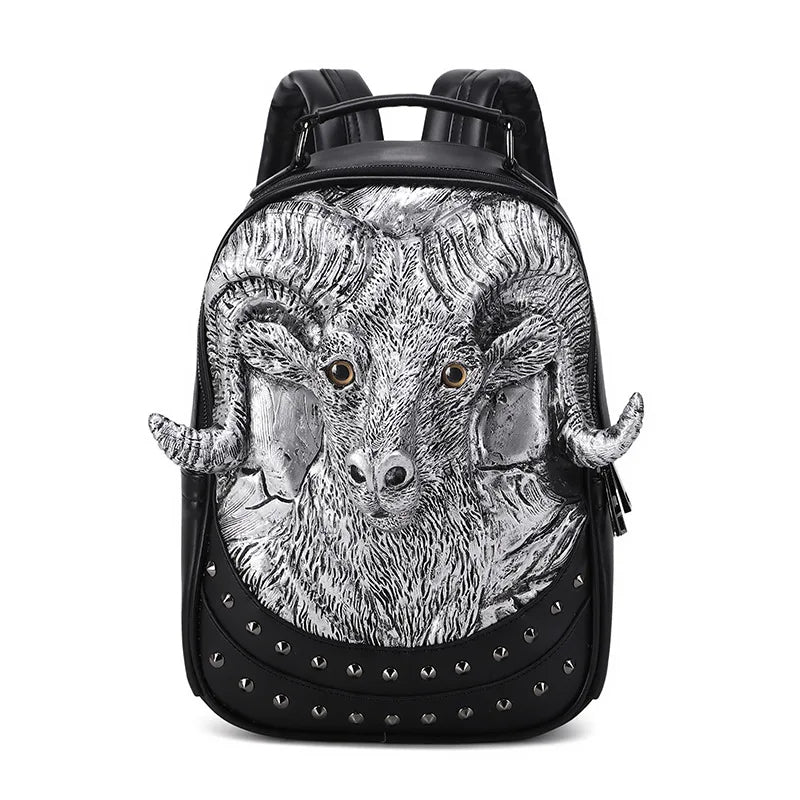 Studded Backpack 3D Goat Head Sculpture Backpack computer Handbags Silver Studded Backpack 3D Goat Head Sculpture Backpack computer Handbags Silver