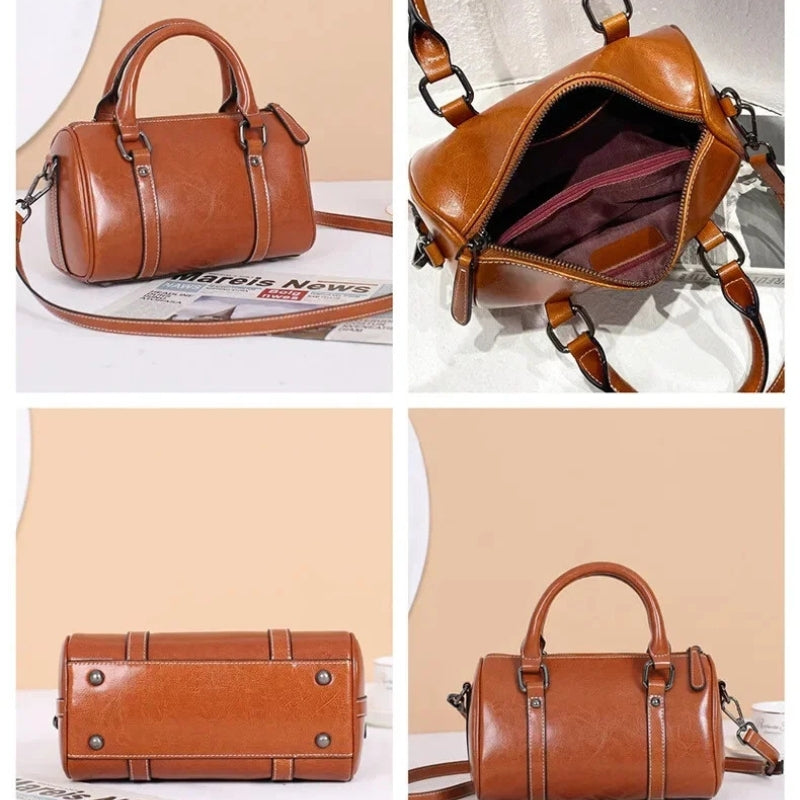 Cortex Lady Casual Zip Crossbody Bag - Top Grain Leather Cylinder Bag