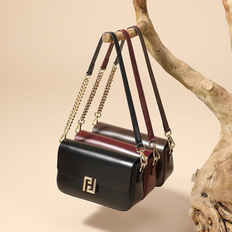 Genuine Leather Chain Flap Shoulder Bag - Cowhide Leather Lock Clasp Purse