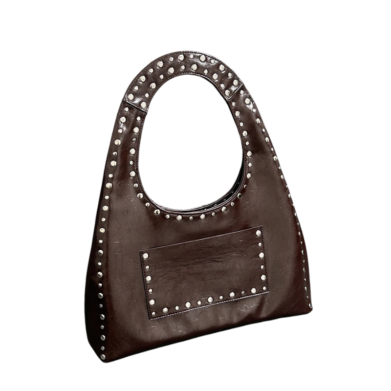 Retro Rivet Oil Wax Leather Shoulder Bag - Scraften