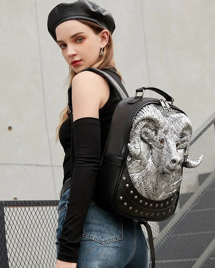 3D Goat Backpack | PU Leather Unisex Travel & School Bag