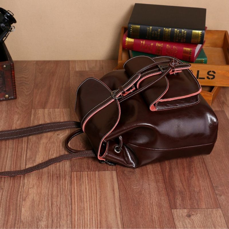 Genuine Waxed Leather Drawstring Backpack for Women