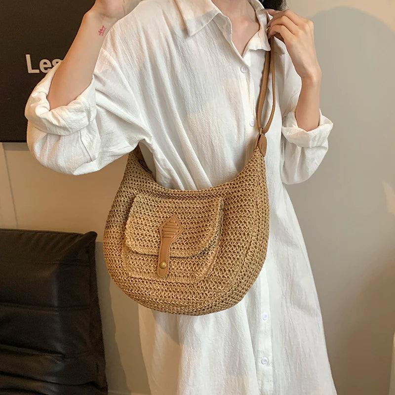 Straw Crossbody Bag Stylish Retro Vacation Look - Scraften