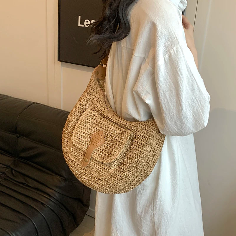 Straw Crossbody Bag Stylish Retro Vacation Look - Scraften