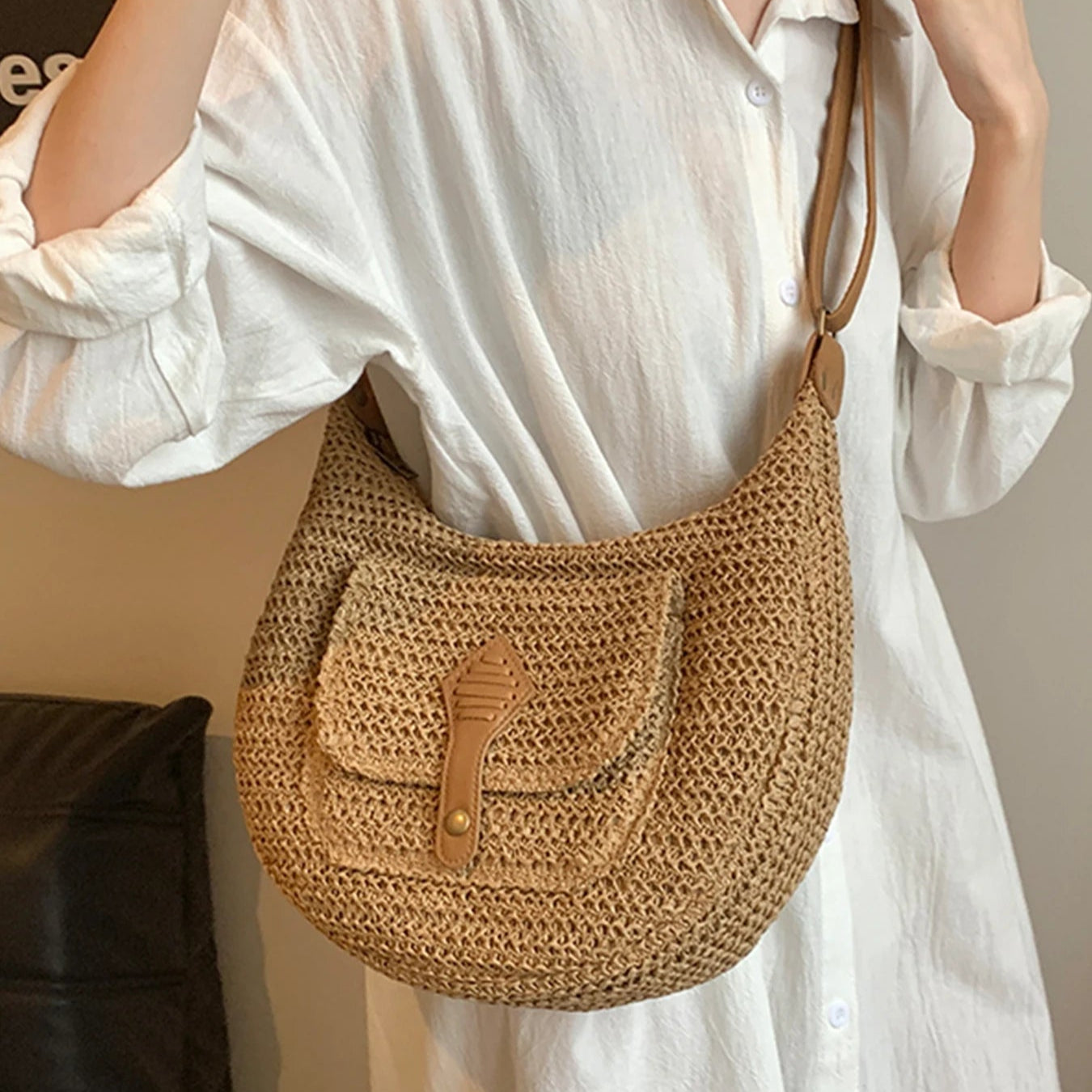 Straw Crossbody Bag Stylish Retro Vacation Look - Scraften