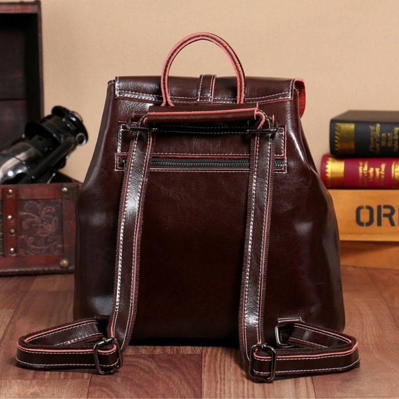 Genuine Waxed Leather Drawstring Backpack for Women