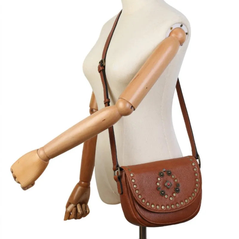 Genuine Leather Women's Saddle Bag - Retro Handmade Rivet Crossbody Bags