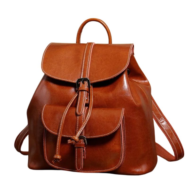 Genuine Waxed Leather Drawstring Backpack for Women
