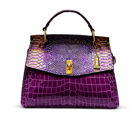 Purple handbag with gold accents on a white background