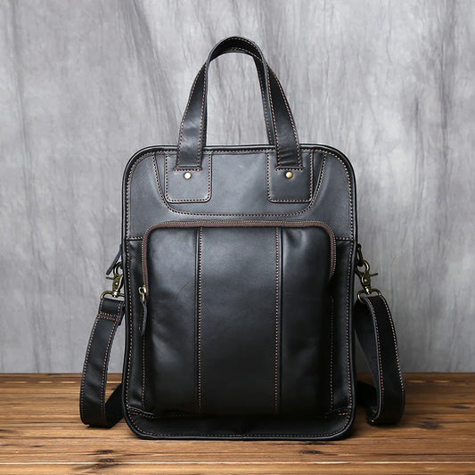 Genuine Leather Vertical Briefcase Handbag - Scraften