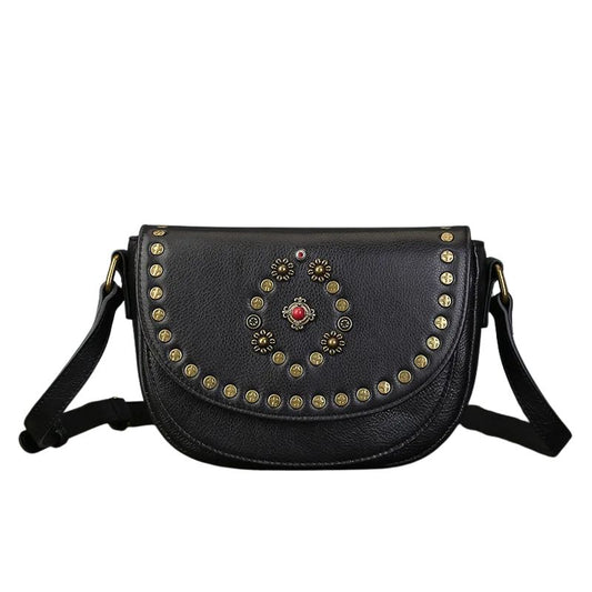 Genuine Leather Women's Saddle Bag - Retro Handmade Rivet Crossbody Bags