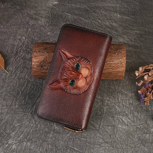 Handmade Genuine Leather Vintage Long Wallet for Women - Scraften