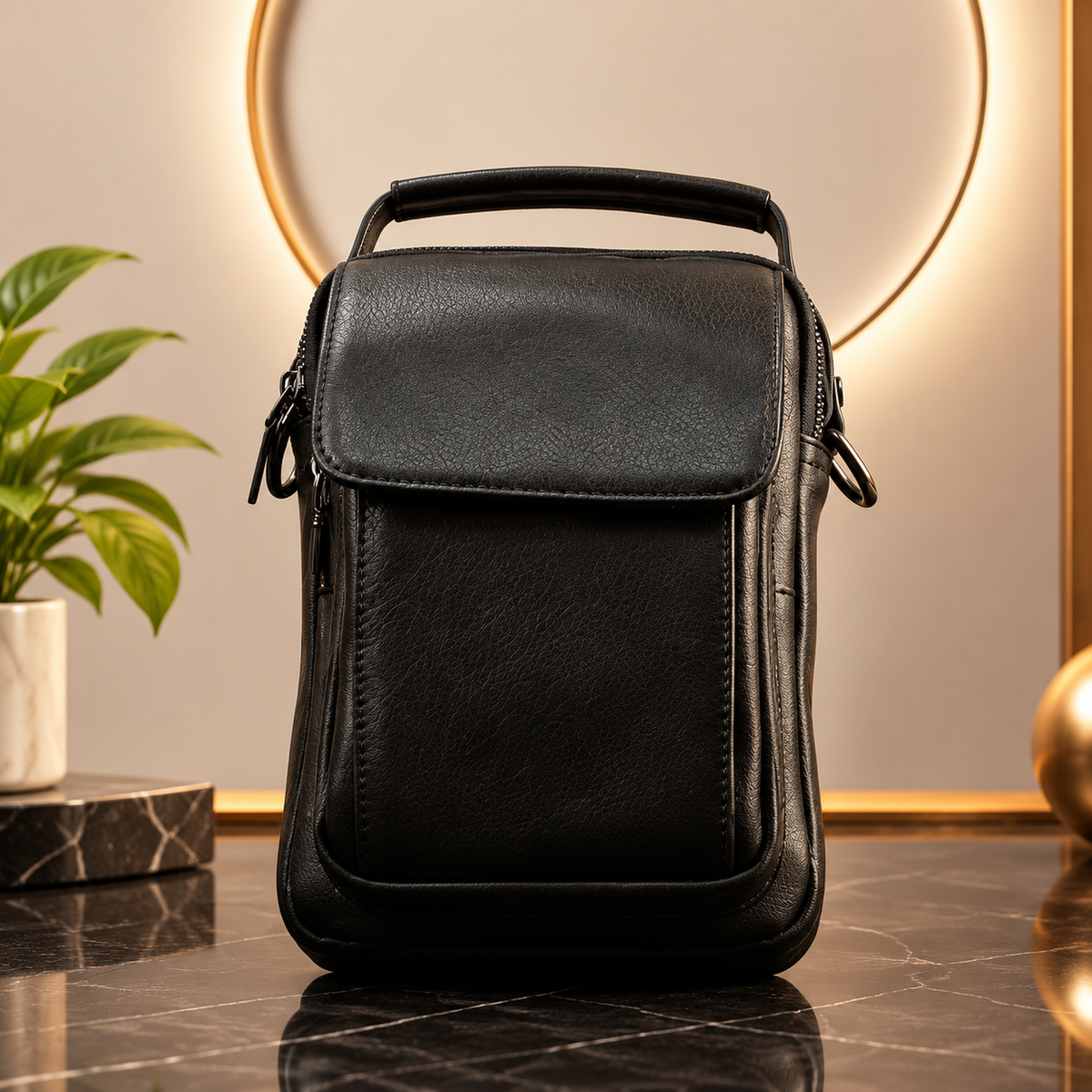 Men’s Genuine Cowhide Leather Messenger Bag – Vintage Black Crossbody Shoulder Bags