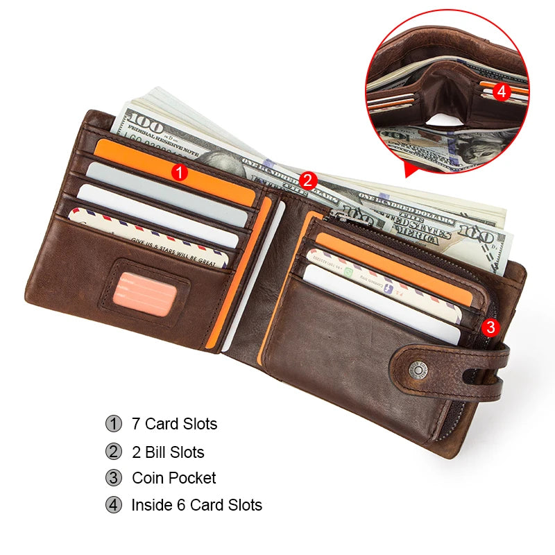 Men's Crazy Horse Leather Short Coin Purse & Wallet - Scraften