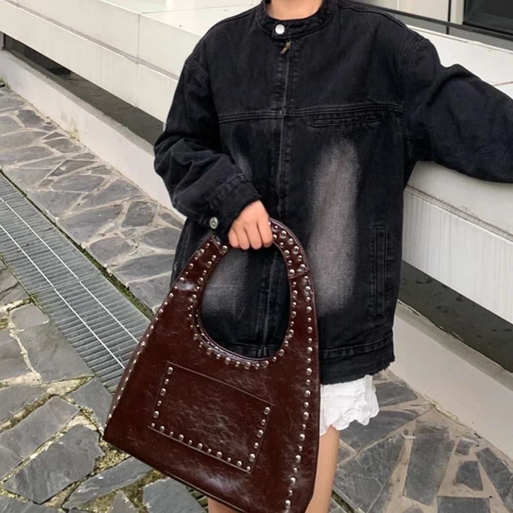Retro Rivet Oil Wax Leather Shoulder Bag - Scraften