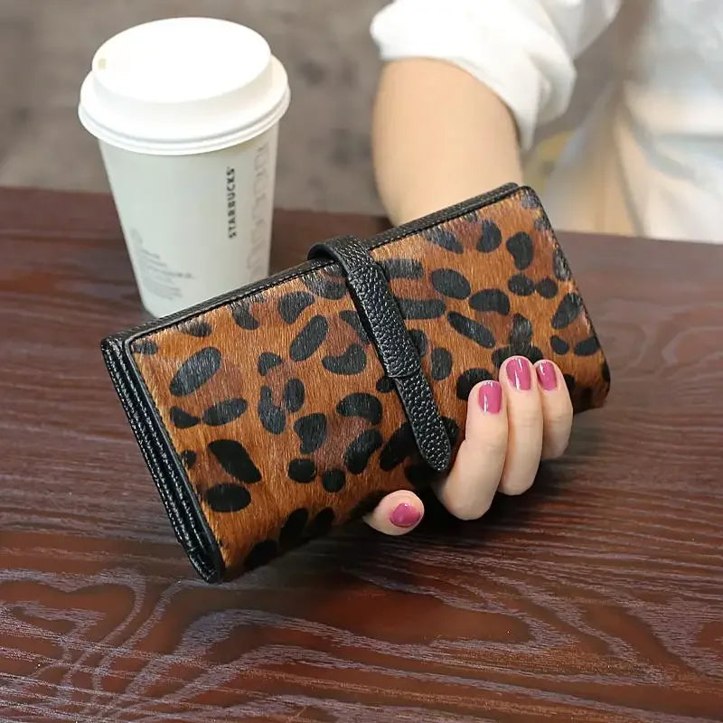 Women's Genuine Leather Leopard Long Wallet Clutch