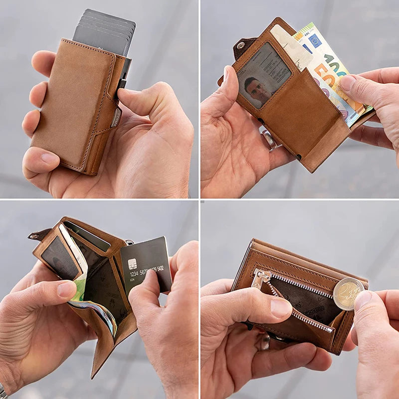 Pop-Up Leather Card Holder Wallet - Minimalist Bag Compartment For Notes