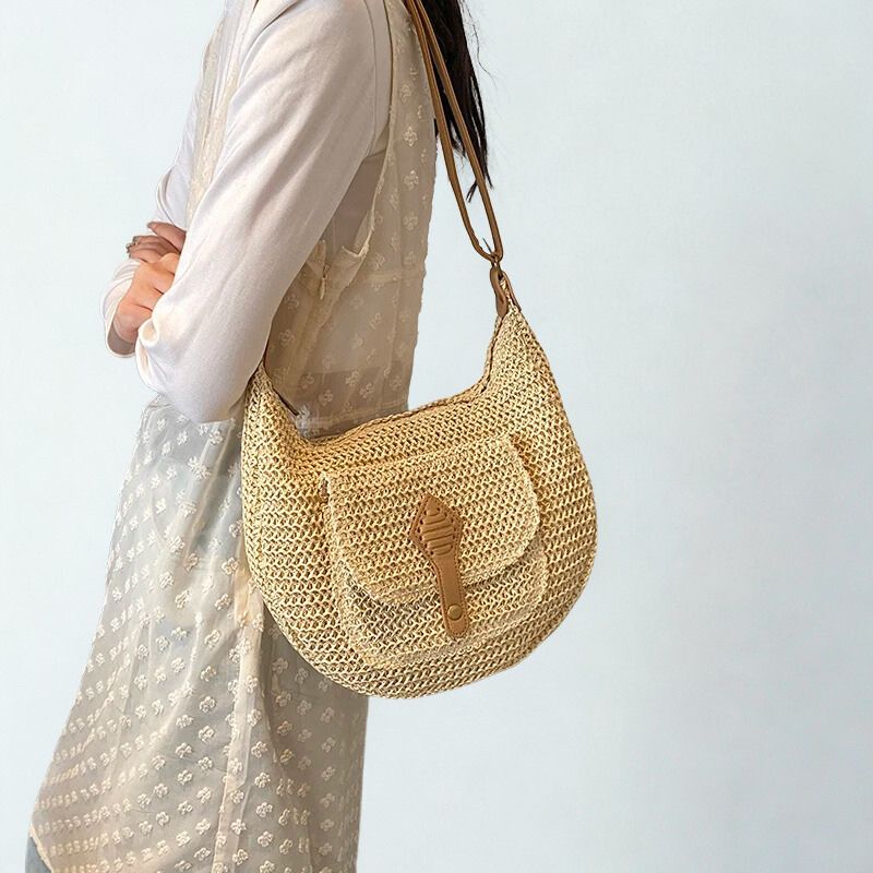 Straw Crossbody Bag Stylish Retro Vacation Look - Scraften