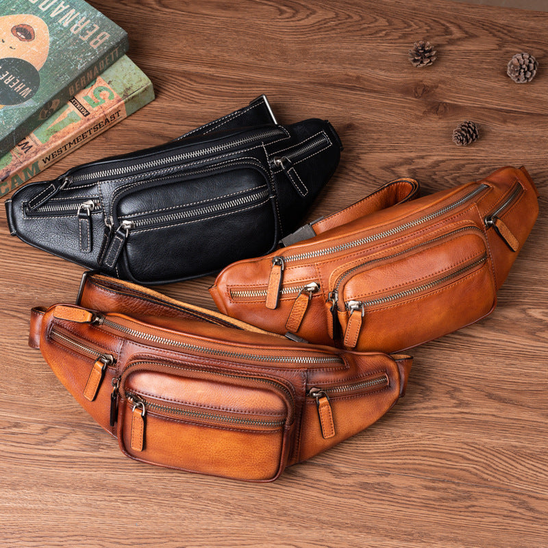 Vintage Cowhide Leather Chest & Waist Bag – Vegetable Tanned, Dual-Purpose Casual Style