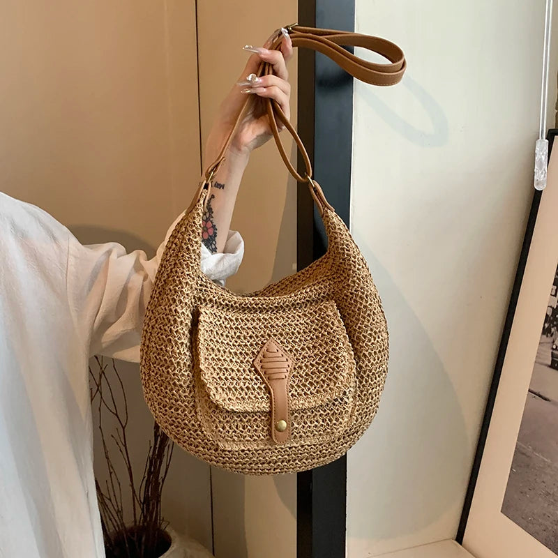 Straw Crossbody Bag Stylish Retro Vacation Look - Scraften