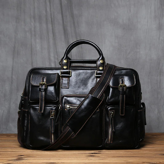 Top Layer Cowhide Retro Men's Leather Briefcase - Large Capacity Handbag Bag