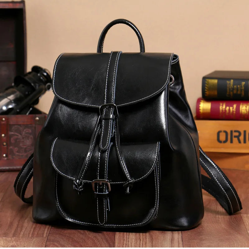 Genuine Waxed Leather Drawstring Backpack for Women