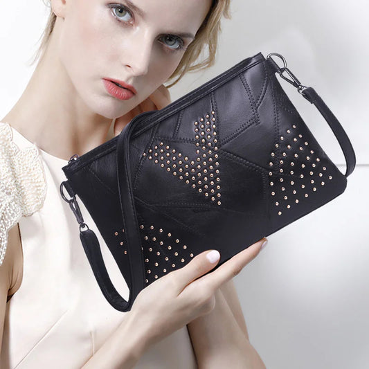 Women’s Black Rivet Shoulder Bag – Small Crossbody Messenger Handbag