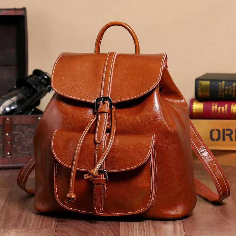 Genuine Waxed Leather Drawstring Backpack for Women