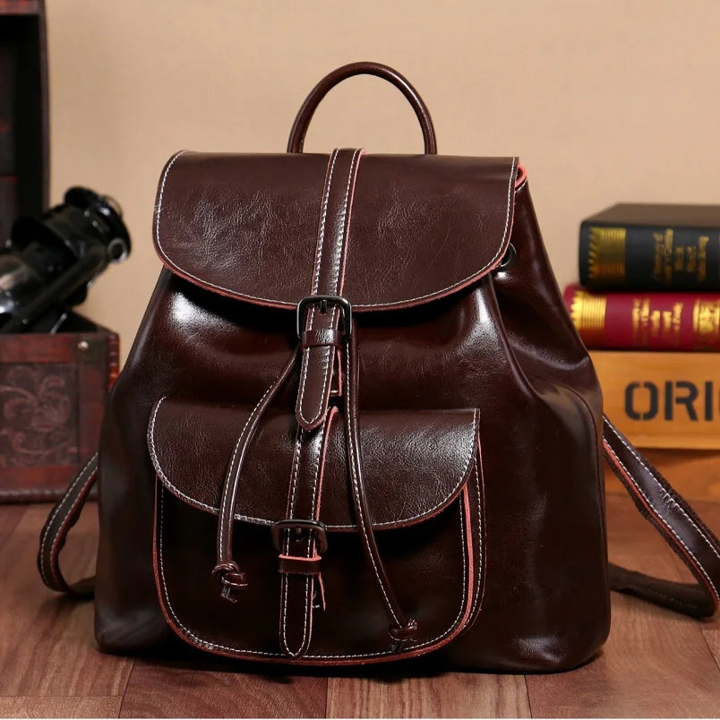 Genuine Waxed Leather Drawstring Backpack for Women