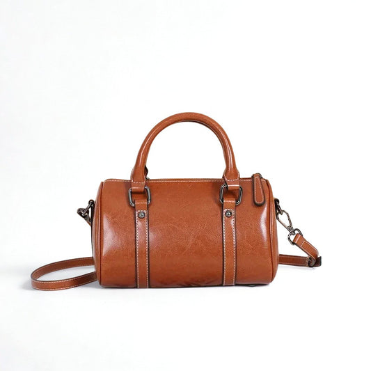 Cortex Lady Casual Zip Crossbody Bag - Top Grain Leather Cylinder Bag