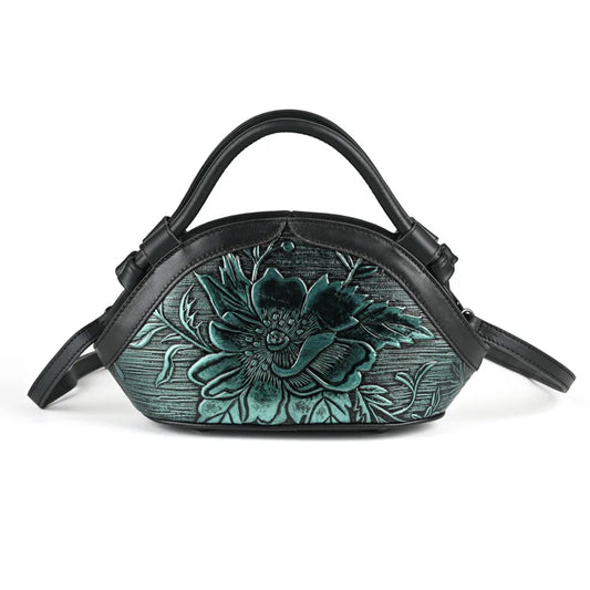 Women's Vintage Genuine Leather Handbag - Embossed Handmade Shoulder Bag