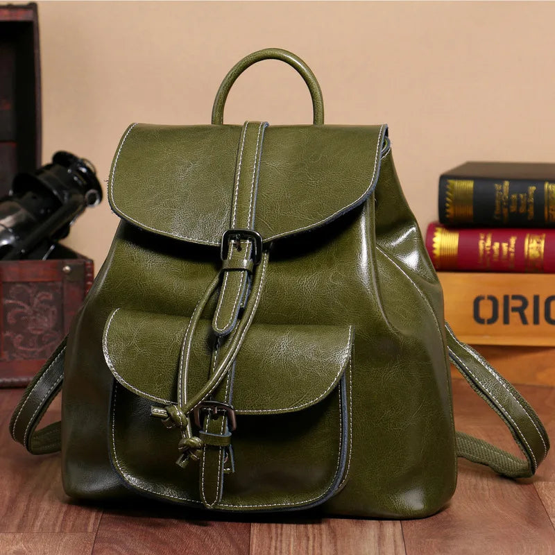 Genuine Waxed Leather Drawstring Backpack for Women
