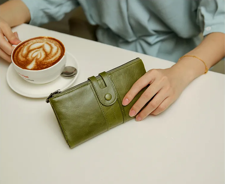 Women Genuine Cowhide Leather Clutch Wallet - Long Zipper Purse with Snap Button Closure