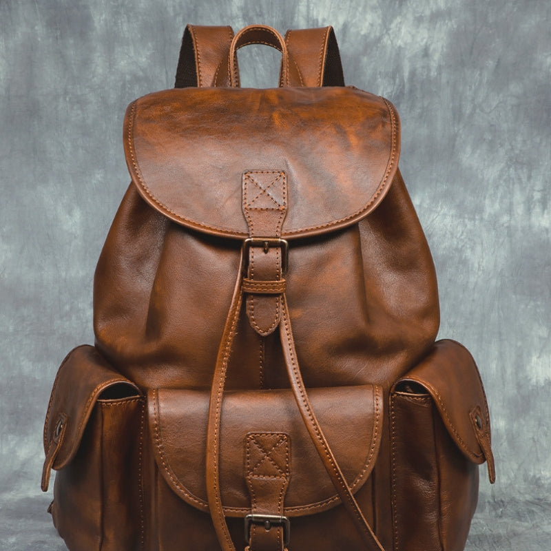 Geometric Pattern Genuine Leather Retro Backpack - Casual Soft Leather Hiking Bag