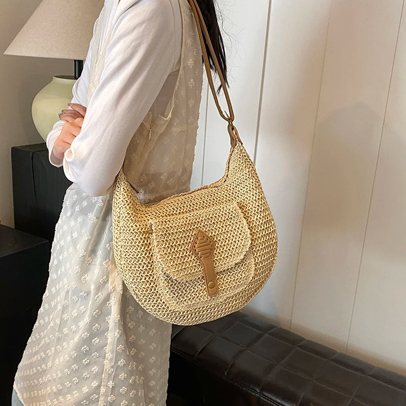 Straw Crossbody Bag Stylish Retro Vacation Look - Scraften