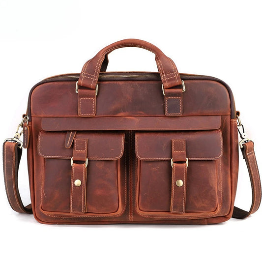 17 Inch Genuine Leather Men Briefcase - Vintage Stylish Zipper Handbag