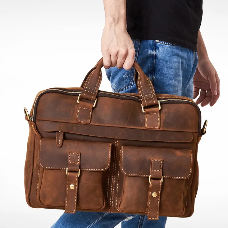 17 Inch Genuine Leather Men Briefcase - Vintage Stylish Zipper Handbag