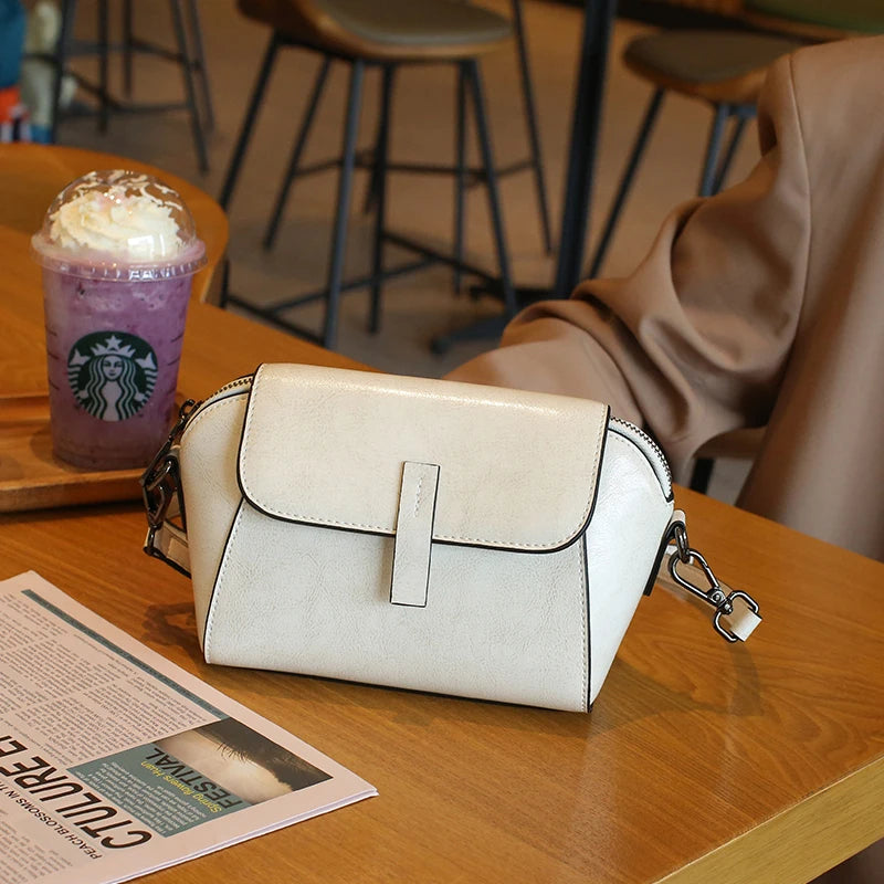 Oil Wax Cowhide Leather Crossbody Bag - Fashionable Versatile Shoulder Shell Handbag