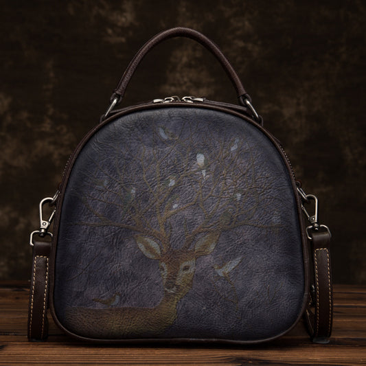 Retro Deer Bird Hand-Painted Leather Bag - Scraften