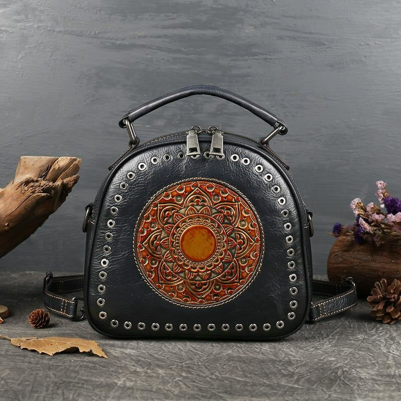 Retro Totem Women Real Leather Handbag - Scraften