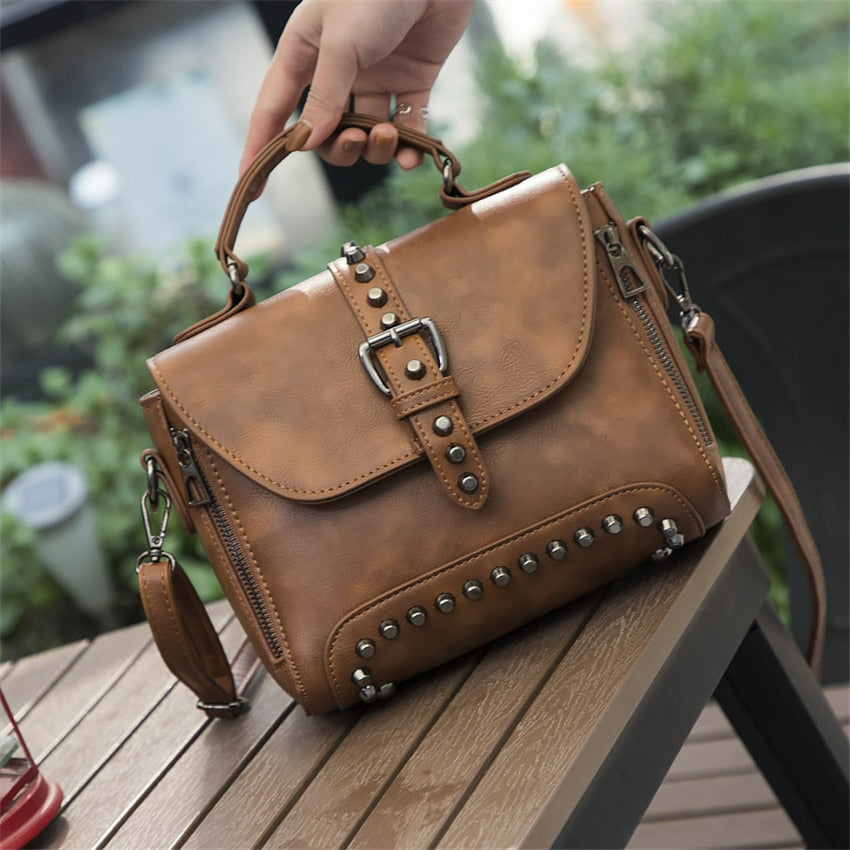 Vintage Cross body Leather Rivet Shoulder Bag - Scraften