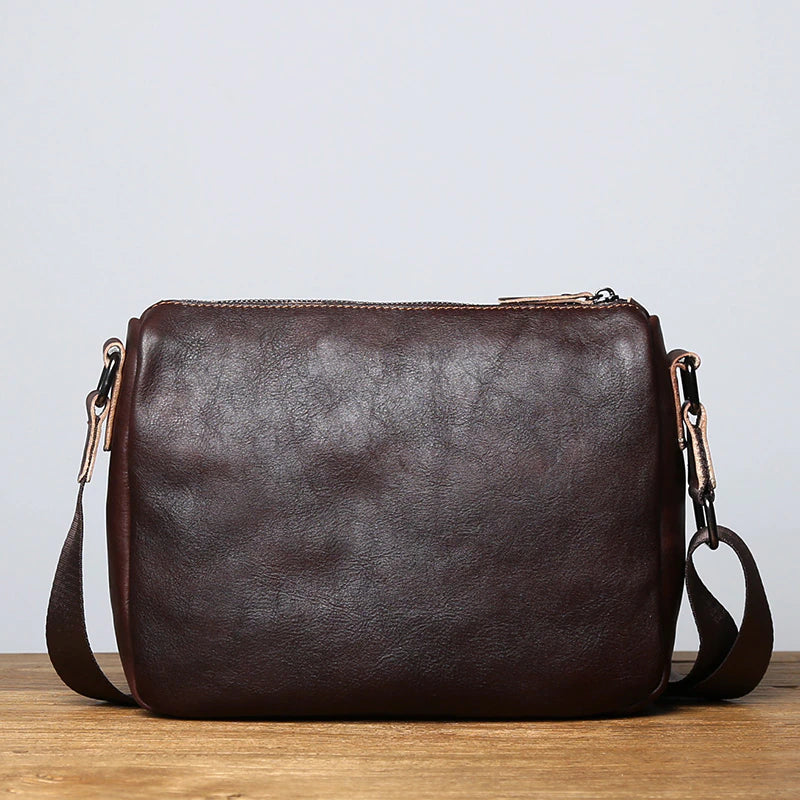 Vintage Vegetable Tanned Leather Zipper Shoulder Bag - Scraften