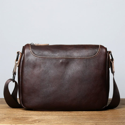 Vintage Vegetable Tanned Leather Zipper Shoulder Bag - Scraften